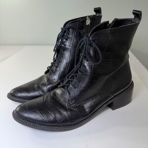 Kaanas Black Croc Embossed Leather Lace Up Ankle Boots Women 10M Made in Brazil